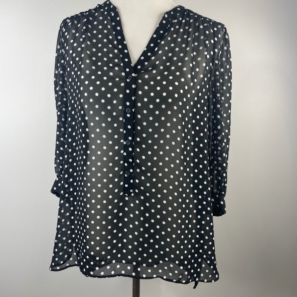 LC Lauren Conrad Polka Dot Blouse Womens XL Black White Sheer Chiffon Top V-Neck